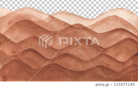 Watercolor layered brown wavy paper cut desert sand border background. Abstract hand painting dark earth color watercolour mountains for nature banner, poster design Watercolor layered brown wavy paper cut desert sand border background. Abstract hand painting dark earth color watercolour mountains for nature banner, poster design 133875149