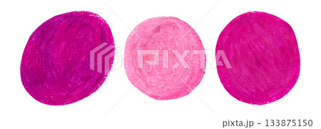 Artistic hand drawn magenta pink crayon oil pastel textured round blobs set. Abstract creative watercolor brush stroke circle shapes for banner design, texture frame background, sticker 133875150