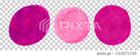 Artistic hand drawn magenta pink crayon oil pastel textured round blobs set. Abstract creative watercolor brush stroke circle shapes for banner design, texture frame background, sticker 133875150