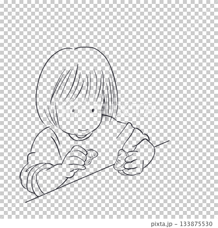 Child peeling a mandarin orange line drawing Child peeling a mandarin orange line drawing 133875530
