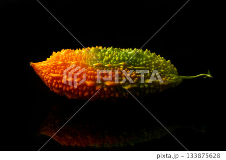 Momordica charantia isolated on a black background. Ripe whole fruits of Momordica charantia. Melon or bitter squash Momordica charantia isolated on a black background. Ripe whole fruits of Momordica charantia. Melon or bitter squash 133875628