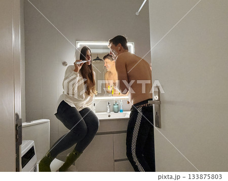 Morning Love Routine, Coupled Partners Engage in Daily Personal Hygiene Morning Love Routine, Coupled Partners Engage in Daily Personal Hygiene 133875803