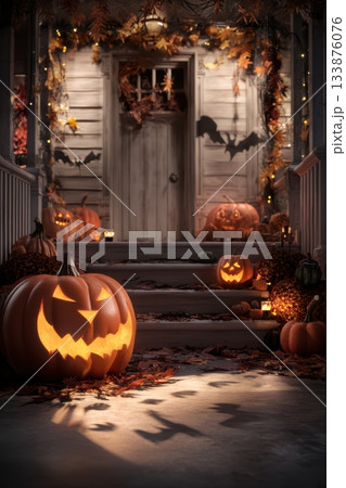 Get into the spirit of Halloween with spooky decor featuring pumpkins and vibrant autumn leaves 133876076
