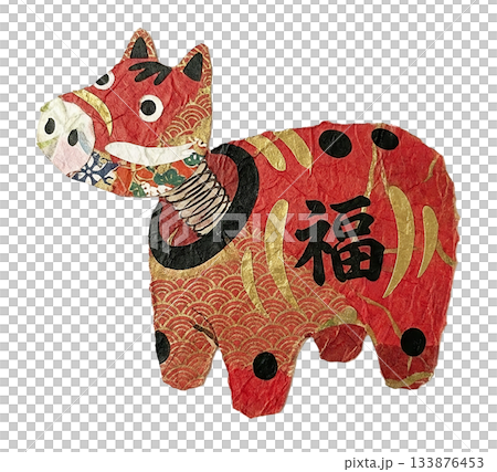 和紙で表現された福入り赤べこの切り絵イラスト 和紙で表現された福入り赤べこの切り絵イラスト 133876453