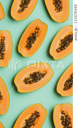 Papaya fruit slices pattern, natural real snack food, vertical background 133876489