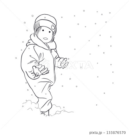 雪の中ではしゃぐ子どもの線画｜Child playing in the snow line art 133876570