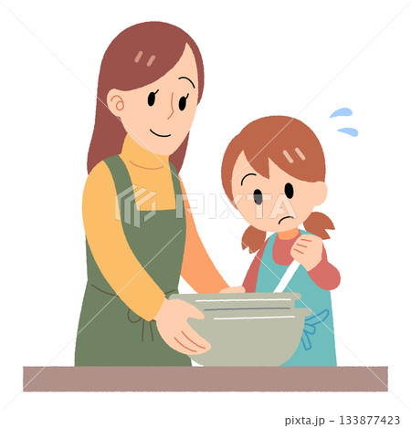 チョコレートをボウルで湯せんする母親と娘のイラスト チョコレートをボウルで湯せんする母親と娘のイラスト 133877423