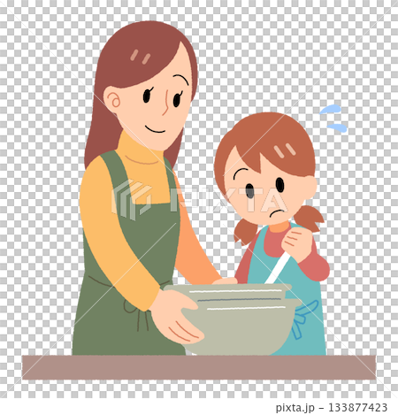 Illustration of a mother and daughter bathing chocolate in a bowl 133877423