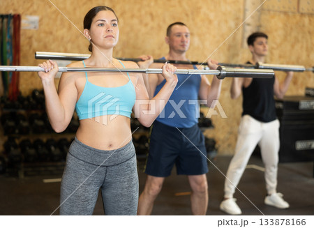 Sporty young girl doing exercises with barbell in gym Sporty young girl doing exercises with barbell in gym 133878166