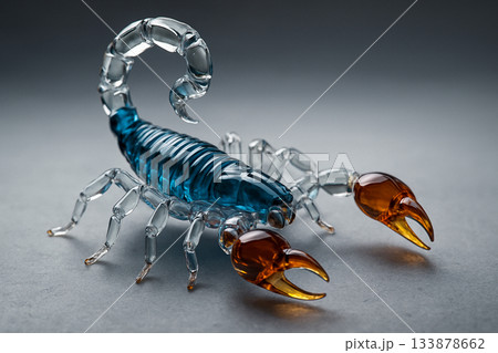 AI generated hyper realistic glass scorpion with blue crystal body and amber claws symbolizing strength elegance and delicate power in a clean modern minimal scene 133878662