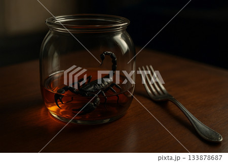 AI generated surreal scene of a black scorpion inside a clear glass jar placed on a wooden table with soft reflections creating a mysterious unsettling and thought provoking mood 133878687
