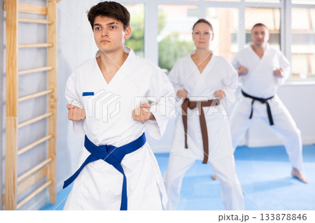 Athletes have starting position and repeating sequence of punches and painful techniques in kata Athletes have starting position and repeating sequence of punches and painful techniques in kata 133878846