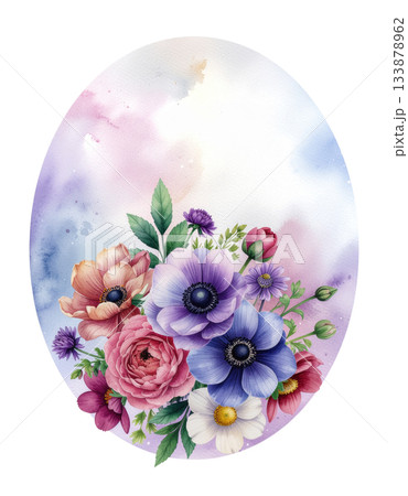 花束フレームのおしゃれな水彩ワンポイントイラスト2／チラシやポスター用素材 133878962