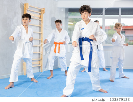 Children wearing karate uniform white kimono posing fighters poses, group training on martial arts class 133879128