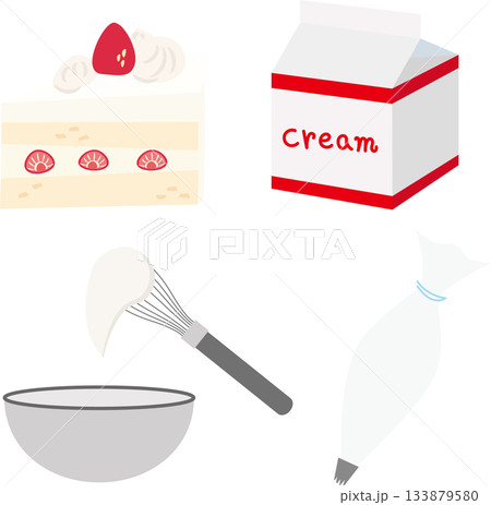 スイーツ作りに使える製菓道具とショートケーキのイラスト素材セット スイーツ作りに使える製菓道具とショートケーキのイラスト素材セット 133879580
