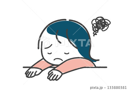 手描き　机に寝そべって落ち込む女性 133880381