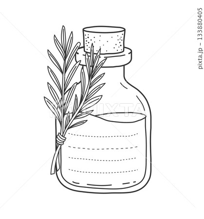 Rosemary essential oil bottle kids memo note frame. Kids schedule outline vector frame, memo note linear coloring page. Child diary page template or with corked glass bottle and rosemary leaves Rosemary essential oil bottle kids memo note frame. Kids schedule outline vector frame, memo note linear coloring page. Child diary page template or with corked glass bottle and rosemary leaves 133880405
