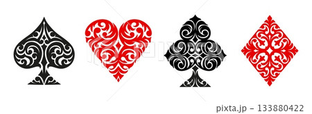 Casino poker card suit ornaments or gamble game card decks of clubs, hearts and diamonds or spades, vector icons. Casino poker card suits with ornate ornament for jackpot and gambling game design Casino poker card suit ornaments or gamble game card decks of clubs, hearts and diamonds or spades, vector icons. Casino poker card suits with ornate ornament for jackpot and gambling game design 133880422