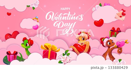 Happy Valentine Day paper cut greeting card with funny snakes and love hearts, vector poster. Valentine day holiday greeting with snakes in pink clouds with flowers, gifts and love message in envelope 133880429