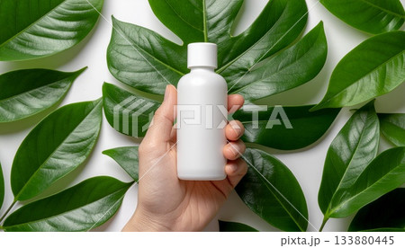 グリーン葉と並べたナチュラル化粧品ボトル 133880445