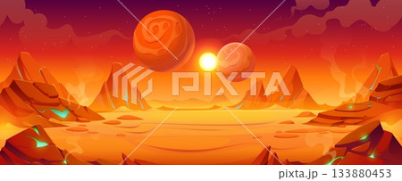 Space red planet landscape with mountain rocks and volcano lava, cartoon vector background. Alien galaxy red planet landscape with cosmic fantasy desert and stars in sky for Mars valley scenery 133880453
