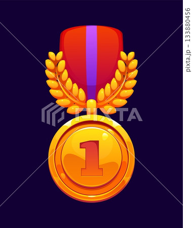 Game medal award icon, victory and achievement trophy golden badge, cartoon vector. Game medal with number 1 one or first place award with golden laurel wreath and chevron shield for top rank trophy 133880456