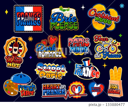 Vintage Y2K France stickers and retro French patch labels vector set. France stickers or pin badges with France flag and Paris Eiffel Tower, baguette, wine and cheese with patriotic quote slogans 133880477