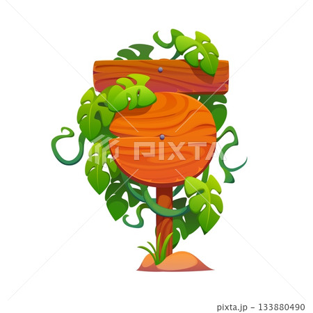 Wooden sign board in jungle lianas or signboard decorated with tropical leaves, cartoon vector. Wooden sign board pole with blank wood planks on nails in jungle liana leaves or rainforest ivy branches 133880490