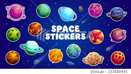 Stickers of fantasy alien galaxy and space planets of Earth and Saturn, cartoon vector. Space planets stickers with galactic surface of sun lava or asteroid craters in extraterrestrial cosmic UFO 133880491