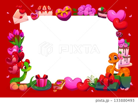 Valentine Day holiday banner with funny snakes, love hearts and flowers, vector background. Valentine day frame with snake, wedding cake and gift box or heart balloons for Valentine greeting card 133880493
