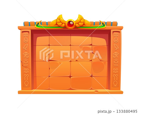 Ancient Egypt game frame or antique Egyptian stone board, cartoon vector GUI interface element. Egyptian stone wall of Pharaoh pyramid or tomb with Egypt hieroglyphs inscription arcade game menu board 133880495