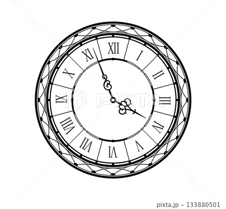 Vintage clock face with Roman numerals, old watches with time dial, vector icon. Antique vintage retro wall clock face with classic arrows, pocket watches clockface timepiece with hour and minute hand 133880501