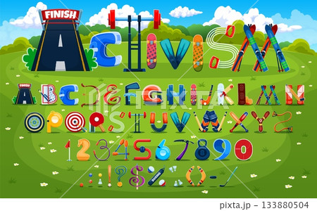 Funny fitness type, cartoon sport font, soccer and football typeface, kids activity English alphabet. Vector sports letters and numbers and symbols on green field for children activities and education Funny fitness type, cartoon sport font, soccer and football typeface, kids activity English alphabet. Vector sports letters and numbers and symbols on green field for children activities and education 133880504