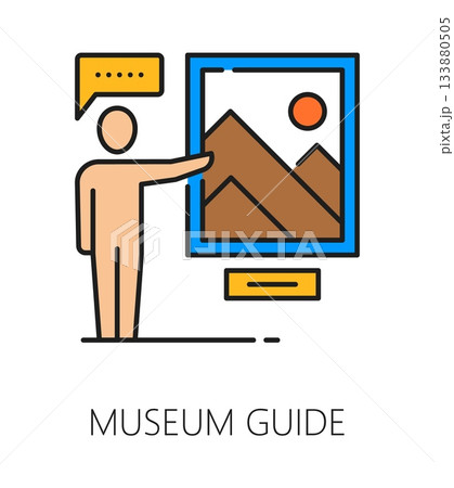 Museum art gallery and exhibition color line icon of guide, vector pictogram. Museum antique exhibition and art gallery icon of guided tours for artist paintings and artwork masterpiece exposition 133880505