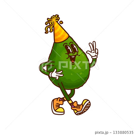 Groovy Mexican avocado cartoon character in birthday cap with funny face, vector personage. Groovy avocado in party hat with crazy silly smile on happy face and cool gesture for funky fruit character 133880535