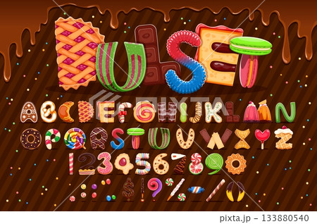 Dessert font, sweet candy letters type, bakery typeface, confectionery english alphabet, vector typography set. Cartoon dessert food font letters and numbers on dripping melted chocolate background Dessert font, sweet candy letters type, bakery typeface, confectionery english alphabet, vector typography set. Cartoon dessert food font letters and numbers on dripping melted chocolate background 133880540