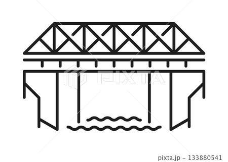 Railroad railway icon of train, subway or metro bridge, vector line pictogram. Railroad and railway symbol of bridge over river for metro underground, tram or intercity train and railcar transport 133880541