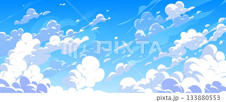 Cartoon summer anime manga sky clouds, vector background with sunny day light. Anime manga sky blue landscape with clouds for flight freedom and cloudy scenery with wind effect in summer cloudscape 133880553