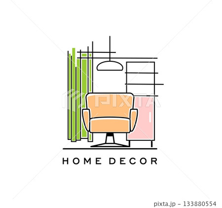 Home interior icon for decor design studio or furniture store and showroom, vector emblem. Home interior thin line icon of chair with curtain, lamp and wardrobe for room interior and home design salon 133880554