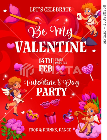 Valentine day party flyer for love holiday invitation with hearts and cherub angels, vector poster. Valentine day entertainment party flyer for entry with broken heart with arrow, flowers and candies 133880559