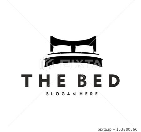 Hotel bed icon for hostel or guest house rooms rent and travel accommodation, vector emblem. Home furniture or interior design studio badge with silhouette of bed and two pillows for night sleeping Hotel bed icon for hostel or guest house rooms rent and travel accommodation, vector emblem. Home furniture or interior design studio badge with silhouette of bed and two pillows for night sleeping 133880560