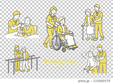 食事介助、車椅子、歩行訓練など日常の介護・介助シーンセット 133880570