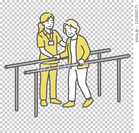Illustration of walking training and rehabilitation using parallel bars (caregiver and elderly person) 133880571