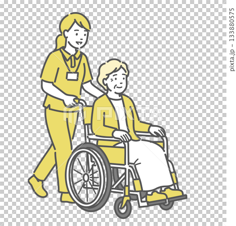 護理人員協助坐在輪椅上的老人的插圖 133880575