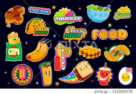 Fast food Y2K stickers and takeaway patch labels with snacks and desserts, cartoon vector set. Fast food stickers of taco with funny face and burrito smile, sandwich and funky soda drink Y2K character Fast food Y2K stickers and takeaway patch labels with snacks and desserts, cartoon vector set. Fast food stickers of taco with funny face and burrito smile, sandwich and funky soda drink Y2K character 133880576