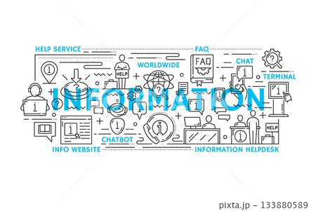 Information line icons of instruction and help, privacy policy and manual guide, vector pictograms, Information icons of helpdesk and chatbot assistant, FAQ book and info point terminal or call center 133880589