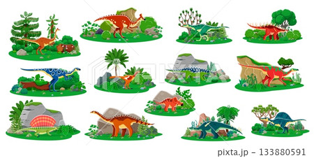 Prehistoric cartoon dinosaurs and Jurassic lizards with reptiles in jungle forest, vector set. Kids dino collection of giant lizards and prehistoric animals for encyclopedia or dinosaurs atlas book 133880591