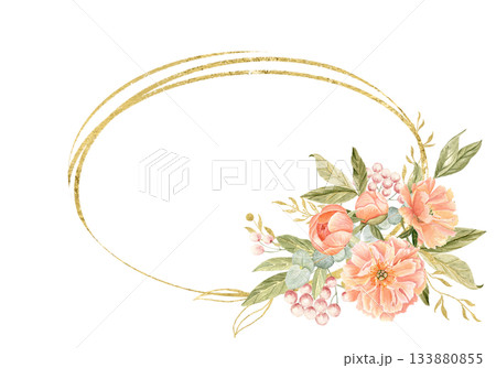 Peony flowers, peach tones, green leaves, berries watercolor oval frame isolated on white. Hand-painted golden detail, perfect for wedding invitations, branding, packaging, fabric design, card. Square Peony flowers, peach tones, green leaves, berries watercolor oval frame isolated on white. Hand-painted golden detail, perfect for wedding invitations, branding, packaging, fabric design, card. Square 133880855
