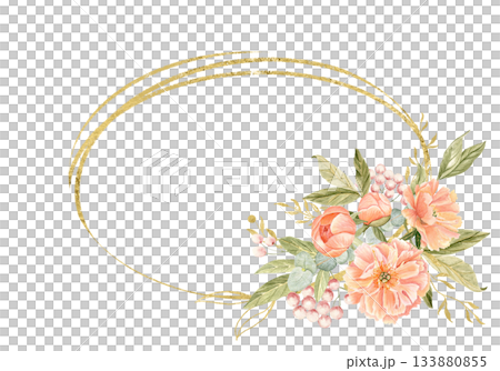 Peony flowers, peach tones, green leaves, berries watercolor oval frame isolated on white. Hand-painted golden detail, perfect for wedding invitations, branding, packaging, fabric design, card. Square Peony flowers, peach tones, green leaves, berries watercolor oval frame isolated on white. Hand-painted golden detail, perfect for wedding invitations, branding, packaging, fabric design, card. Square 133880855