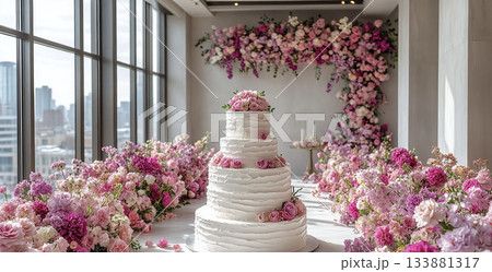 Extravagant Wedding Cake with a Spectacular Floral Archway 133881317